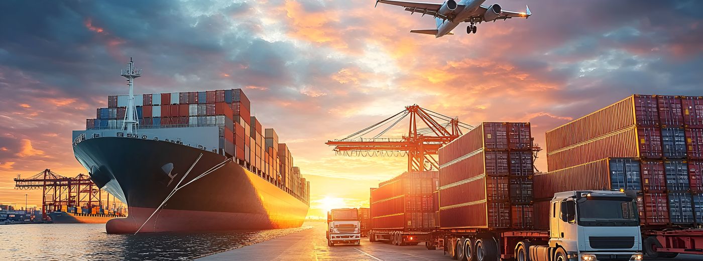 Terminal portuaire, navire et camions au coucher du soleil